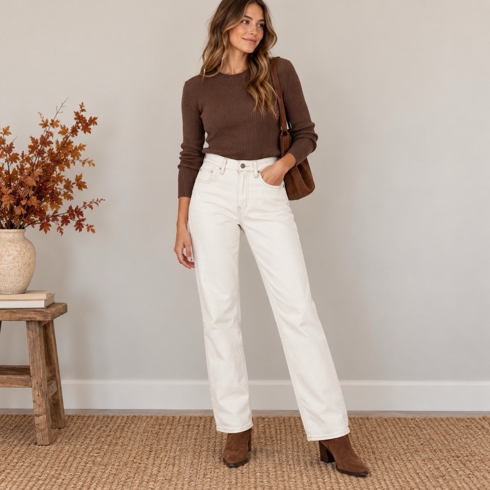 Faherty Women's Jeans Size 27 Cream/ Ivory Straight Leg High Rise Denim